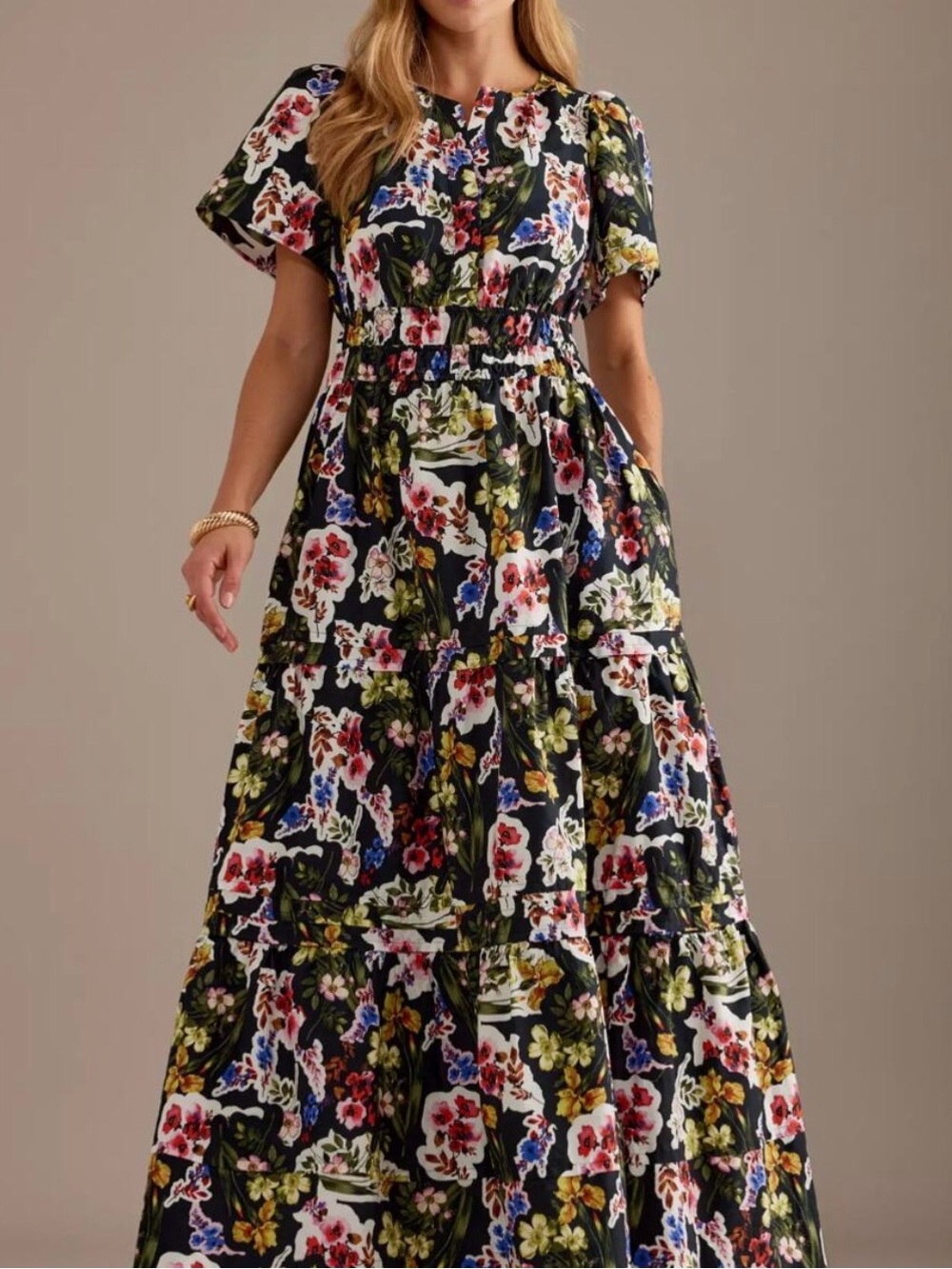 Anthropologie Somerset Maxi Dress  with red, green and blue floral accents